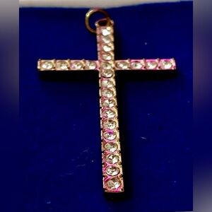 Rhinestone Cross Pendant Necklace - Gold Tone Clear Crystal